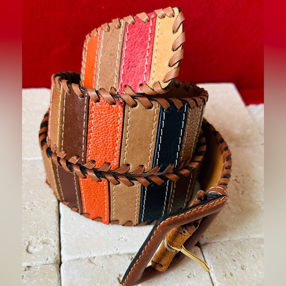 Vintage Genuine Leather Colorful Patchwork Belt Size M - Picture 3 of 10